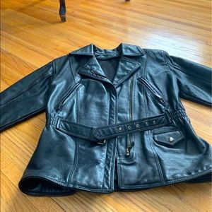 Bristol women’s leather motorcycle jacket with zip out liner.